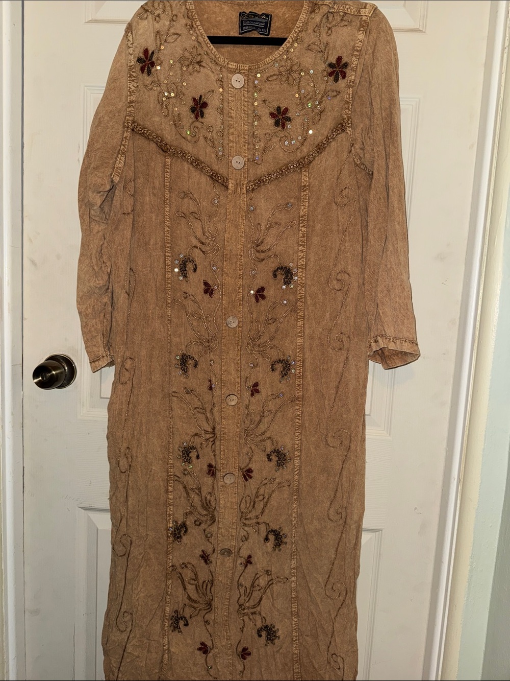 Embroidered Long Tan Womens Dress with‎ Button Front